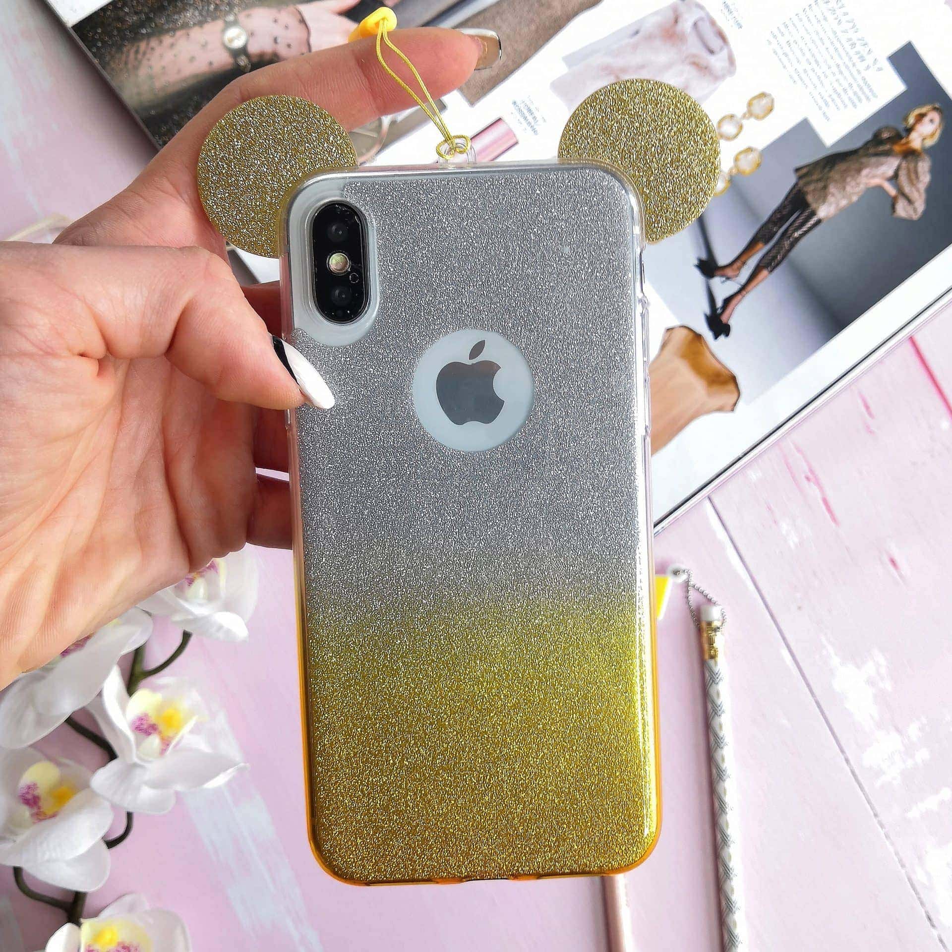 Etui do iPhone X/XS silikonowe brokatowe srebrno-złote z uszkami myszki Miki