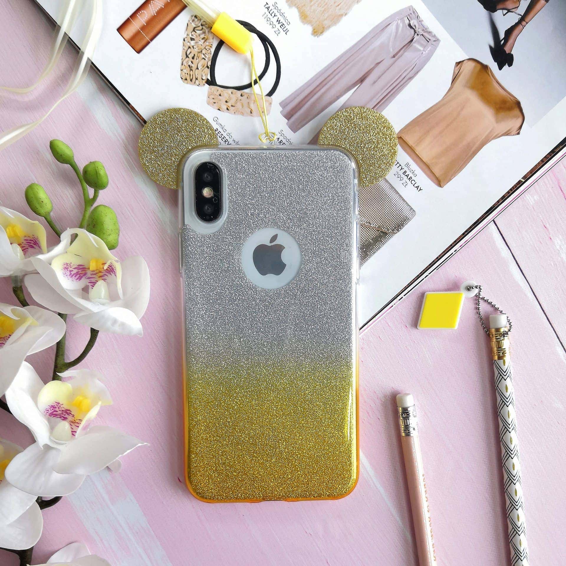 Etui do iPhone X/XS silikonowe brokatowe srebrno-złote z uszkami myszki Miki