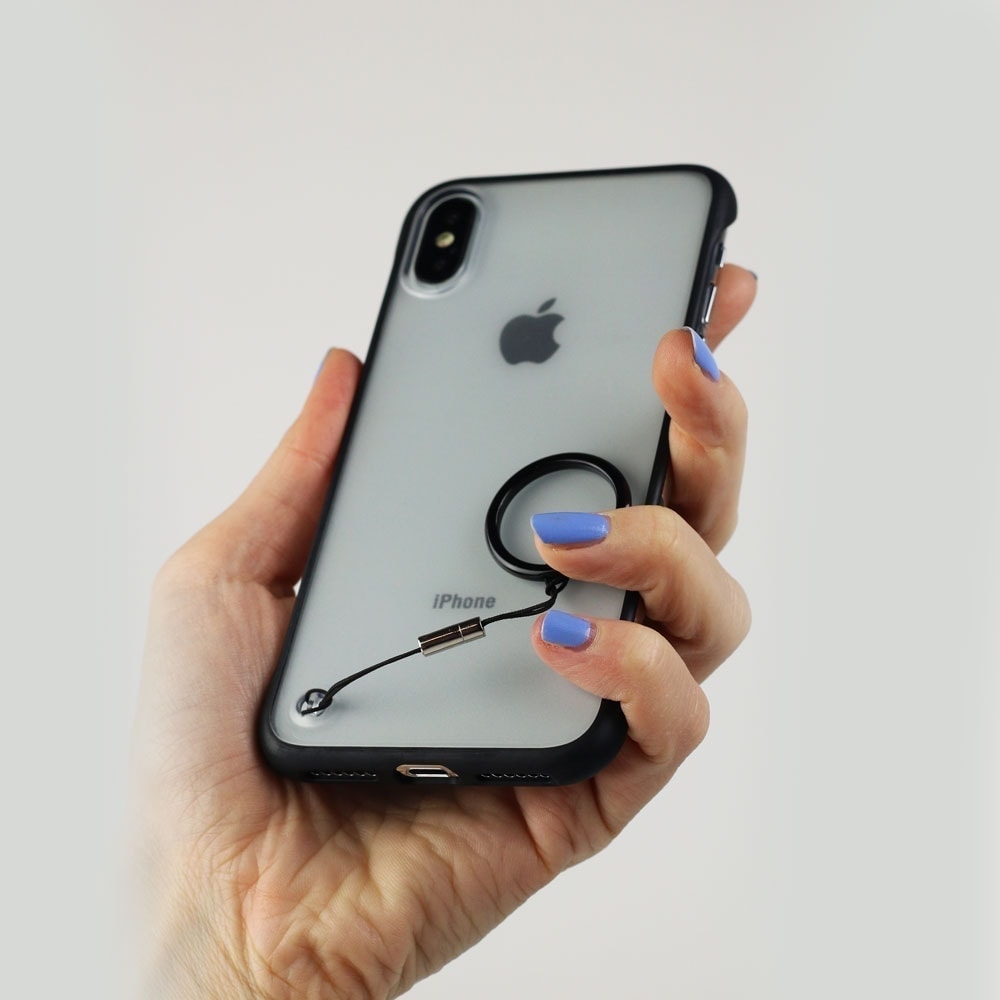Etui do iPhone X/XS szklane z czarnymi bokami i uchwytem do trzymania