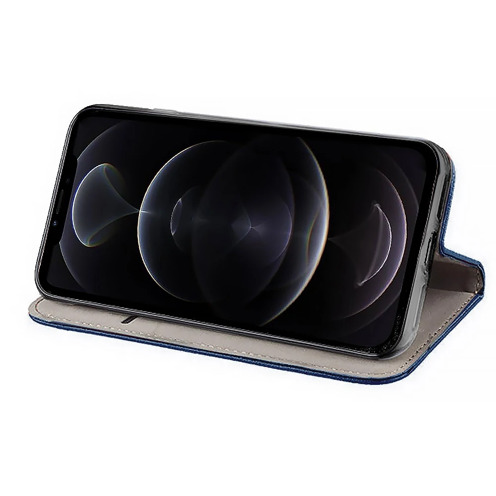 Etui do iPhone 12 książkowe na magnes z trwałego niebrudzącego się materiału, granatowe