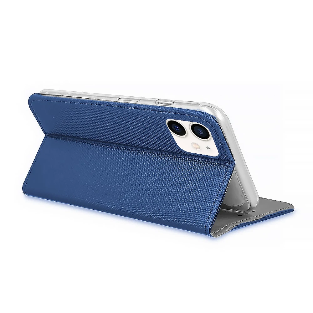 Etui do iPhone 12 książkowe na magnes z trwałego niebrudzącego się materiału, granatowe