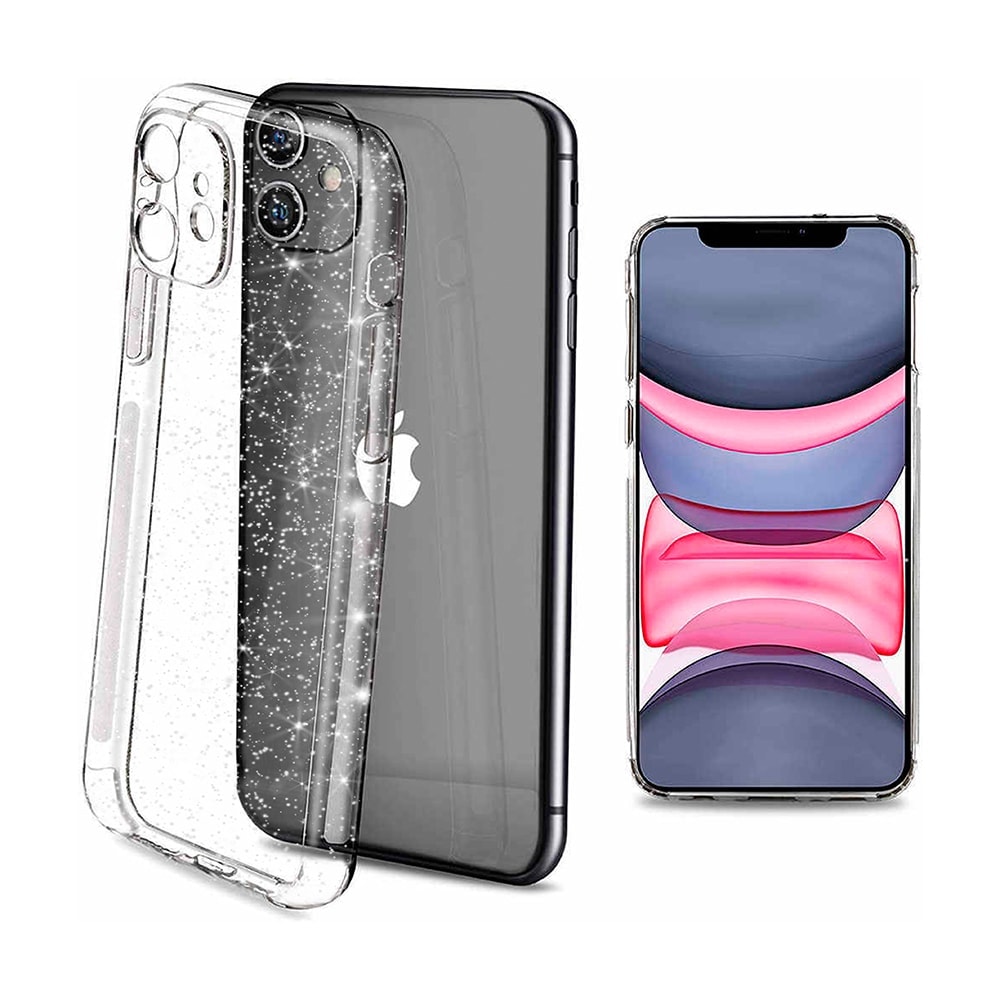 Etui do iPhone 11 z brokatem cienkie przeźroczyste glitter, ochrona obiektywu