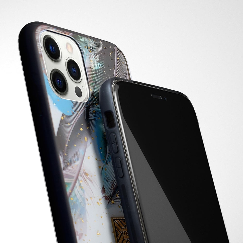 Etui do iPhone 12 Pro eleganckie pióra ze złotymi drobinami