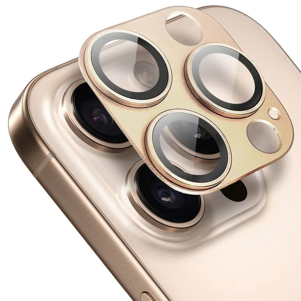 iPhone 16 Pro gładka metalowa osłona na cały aparat, wbudowane szkła 9H, złota