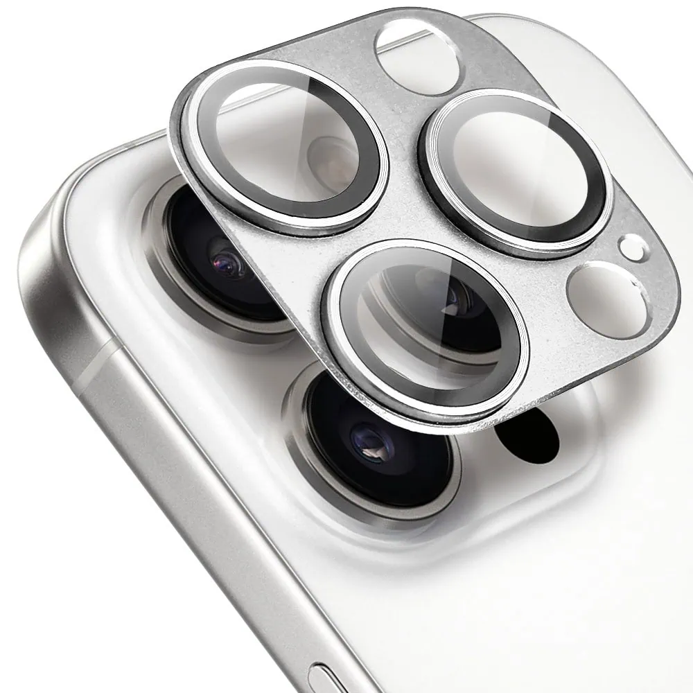 iPhone 16 Pro gładka metalowa osłona na cały aparat, wbudowane szkła 9H, srebrna