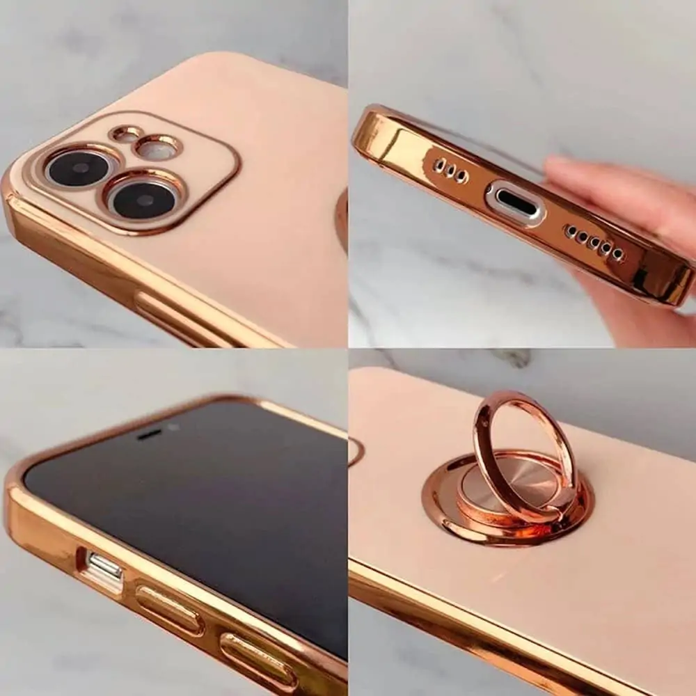 Etui do iPhone 12 Pro eleganckie, ze złotym, metalowym uchwytem i zdobieniami, osłona na aparat, pudrowy róż