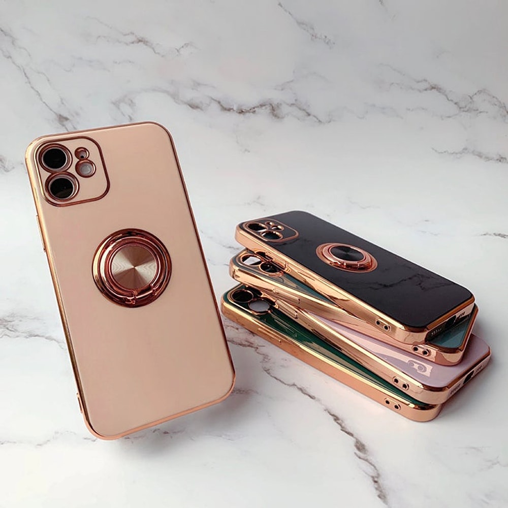 Etui do iPhone 12 eleganckie, ze złotym metalowym uchwytem i zdobieniami, z osłoną na aparat, złoty róż (OUTLET)