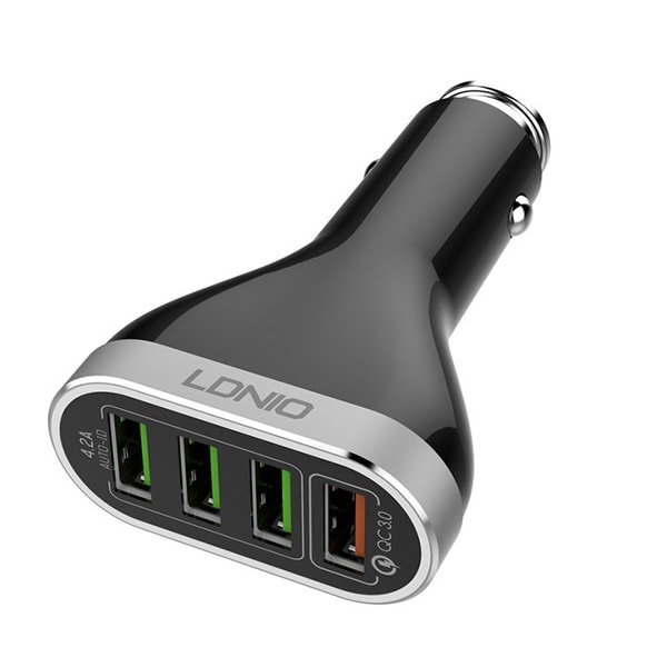 Samochodowa ładowarka QC 3.0 kabel Lightning czarno-srebrna 4 x USB