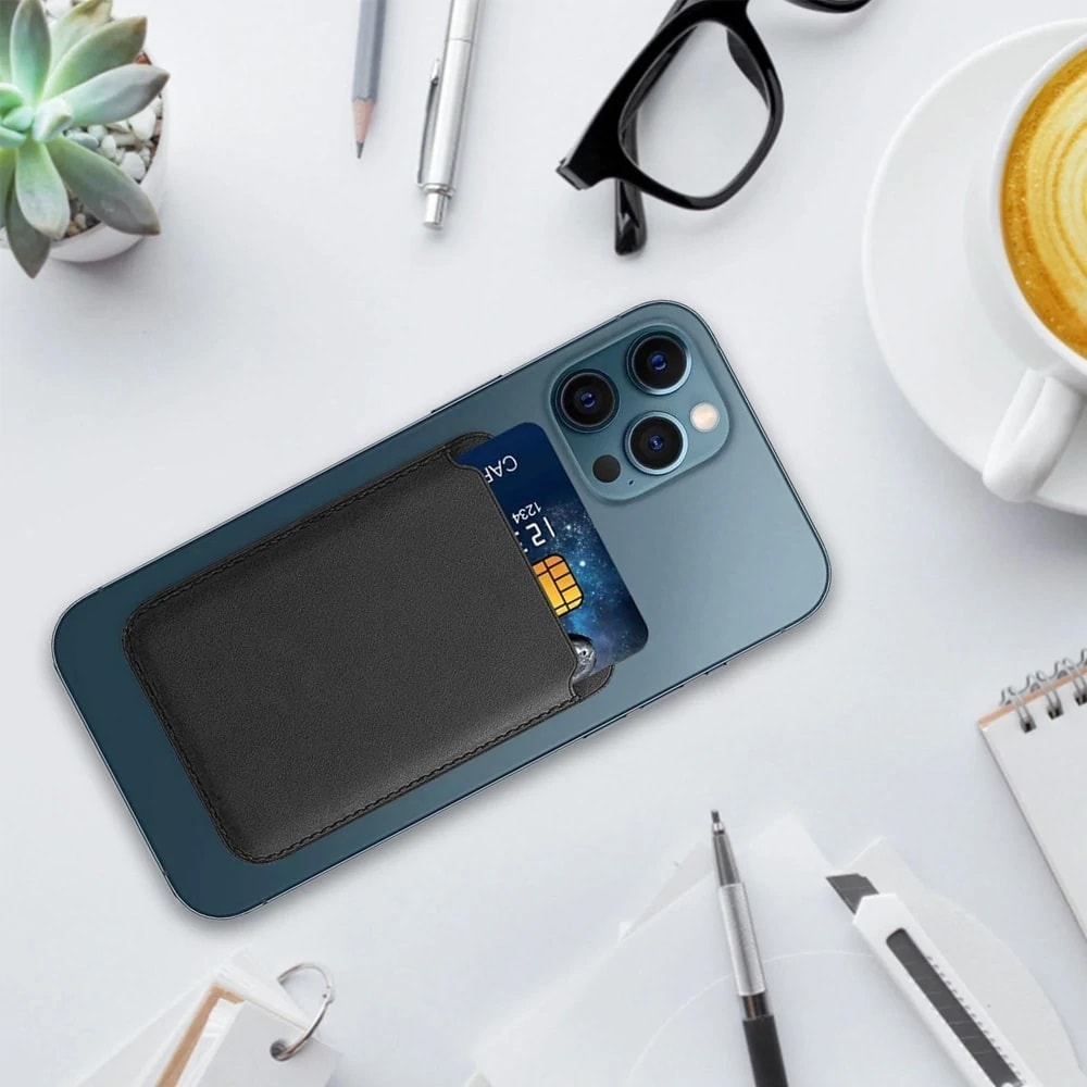 Skórzane etui portfel do iPhone 14/13/12/Pro/Max/Pro Max/Mini MagSafe magnes na karty, czarny