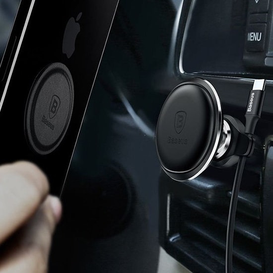 Magnetyczny uchwyt samochodowy do kratki czarno-złoty z uchwytem na kabel