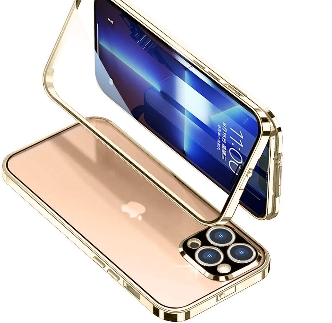 Obudowa do iPhone 13 Pro podwójna szyba i aluminium 360° przód + tył magnetyczna, z osłoną na aparat, złota