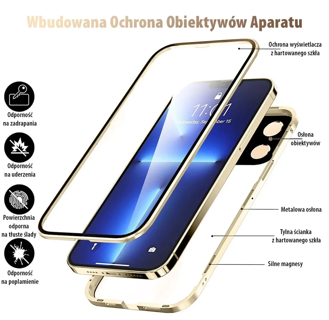 Obudowa do iPhone 13 Pro podwójna szyba i aluminium 360° przód + tył magnetyczna, z osłoną na aparat, złota