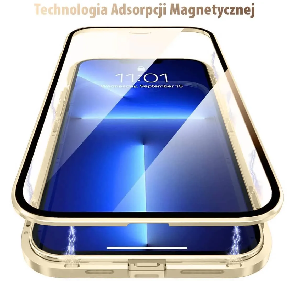 Obudowa do iPhone 13 Pro podwójna szyba i aluminium 360° przód + tył magnetyczna, z osłoną na aparat, złota