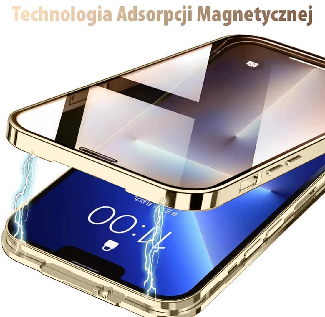 Obudowa do iPhone 13 Pro podwójna szyba i aluminium 360° przód + tył magnetyczna, z osłoną na aparat, złota