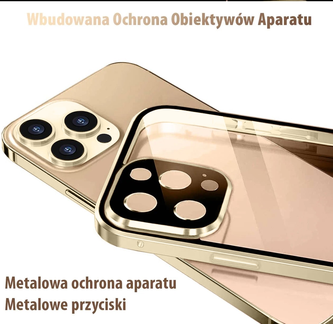 Obudowa do iPhone 13 Pro podwójna szyba i aluminium 360° przód + tył magnetyczna, z osłoną na aparat, złota