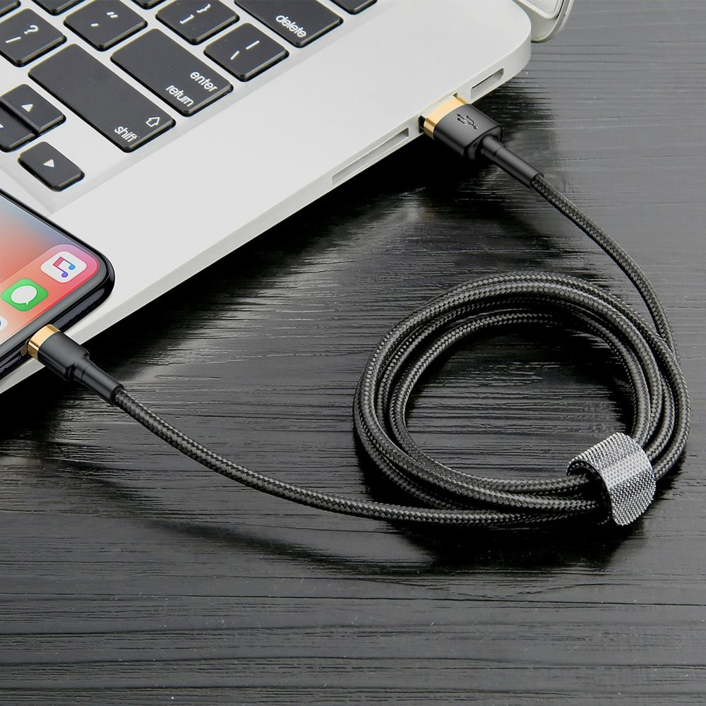 Kabel USB – Lightning, do szybkiego ładowania, nylowy materiał, 2 metry, czarno-złoty