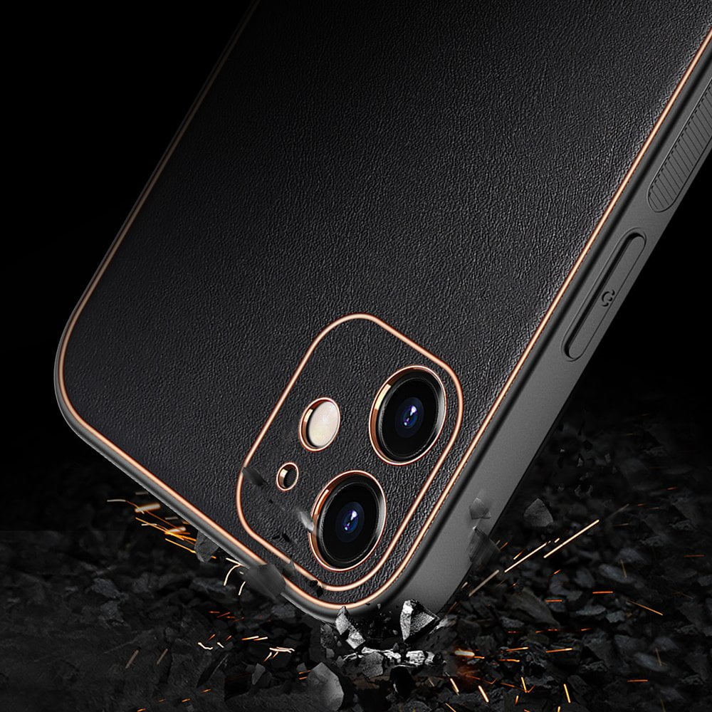 Etui do iPhone 13 Mini minimalistyczne skórzane z ochroną aparatu i złotym wykończeniem, czarne
