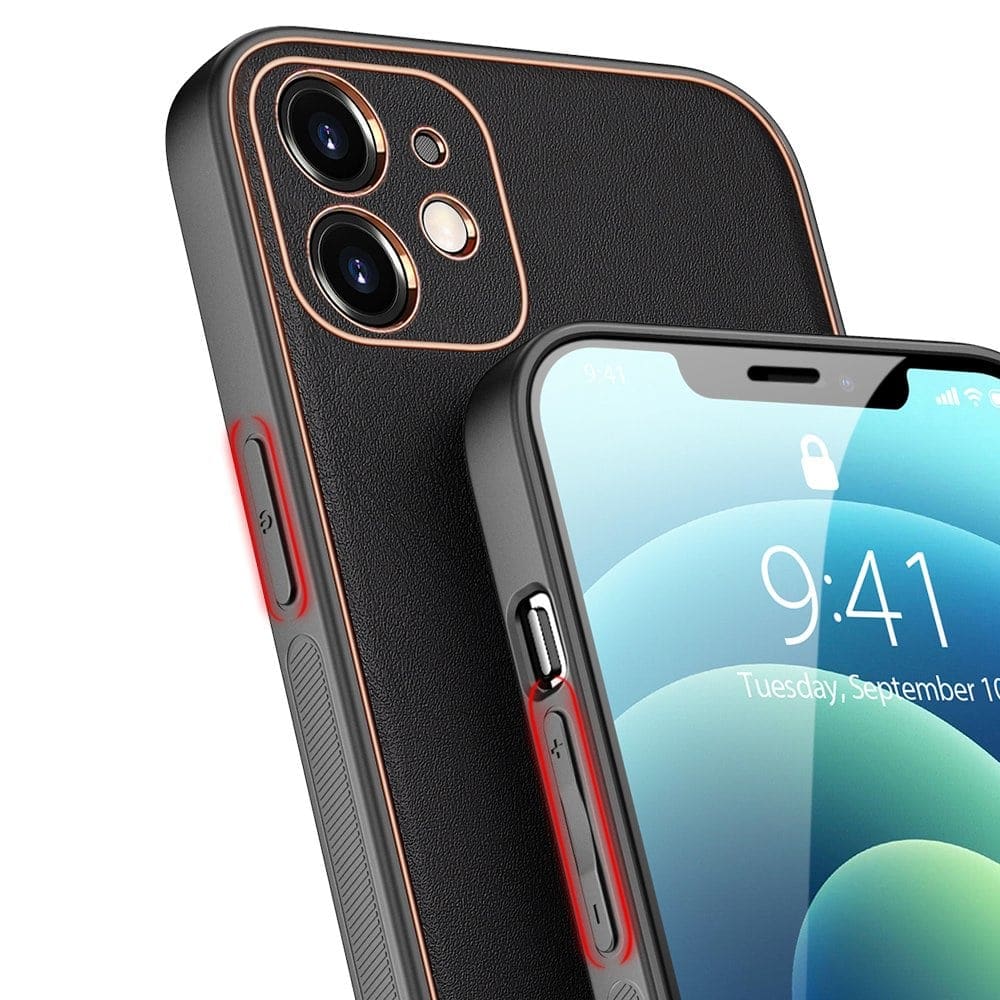 Etui do iPhone 13 Mini minimalistyczne skórzane z ochroną aparatu i złotym wykończeniem, czarne