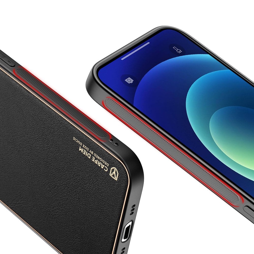 Etui do iPhone 13 Mini minimalistyczne skórzane z ochroną aparatu i złotym wykończeniem, czarne