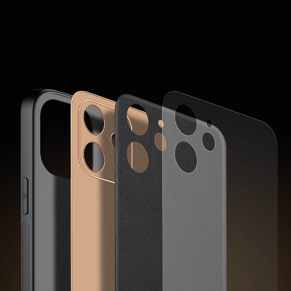 Etui do iPhone 13 Mini minimalistyczne skórzane z ochroną aparatu i złotym wykończeniem, czarne