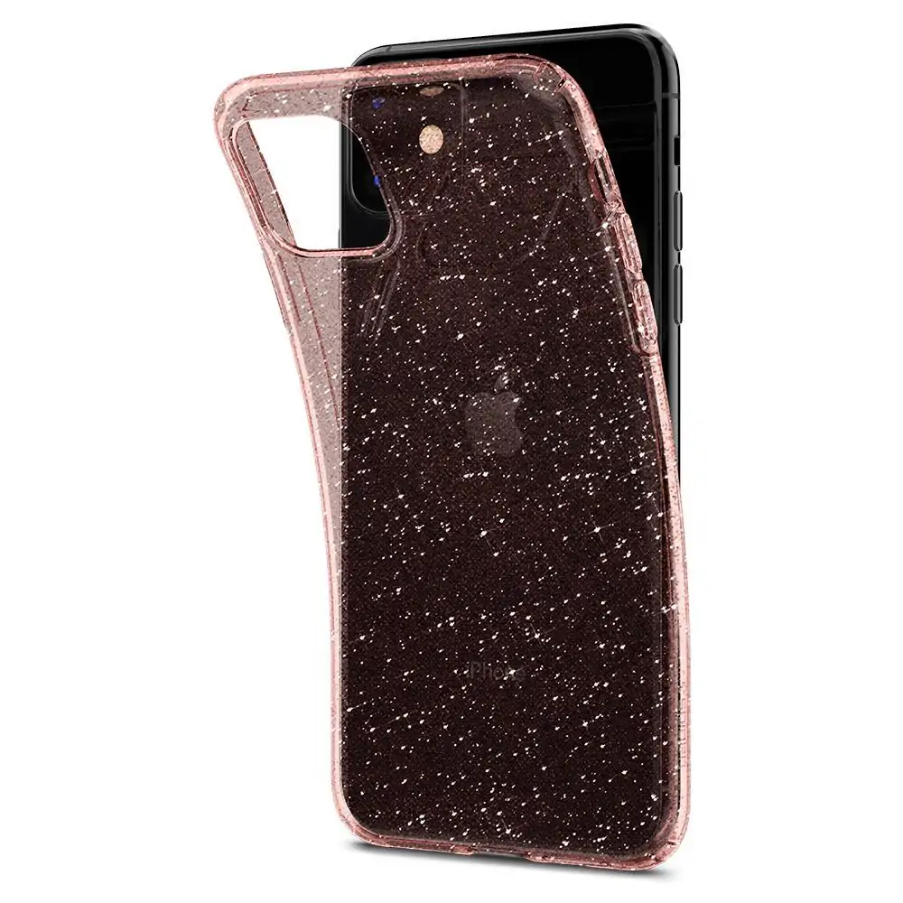 Etui do iPhone 12 z brokatem, różowe, hybrydowy szklany tył Liquid Crystal, przeźroczyste