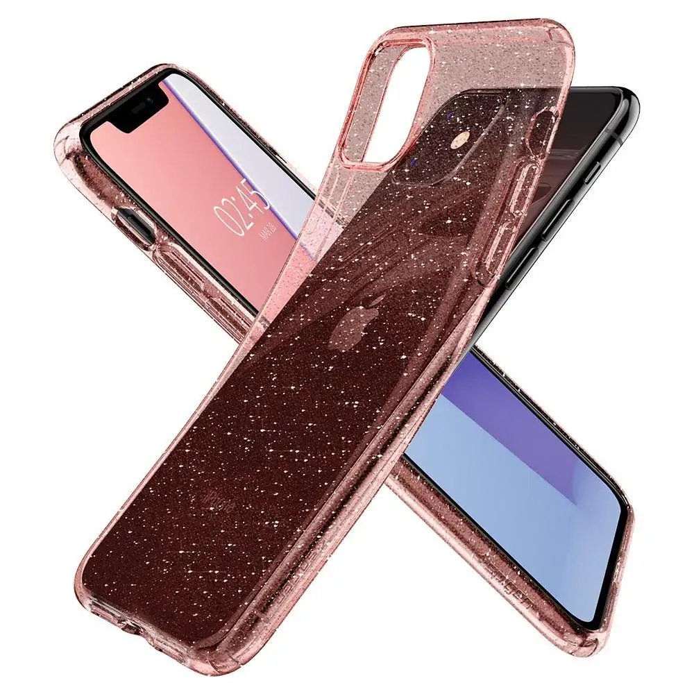 Etui do iPhone 12 z brokatem, różowe, hybrydowy szklany tył Liquid Crystal, przeźroczyste
