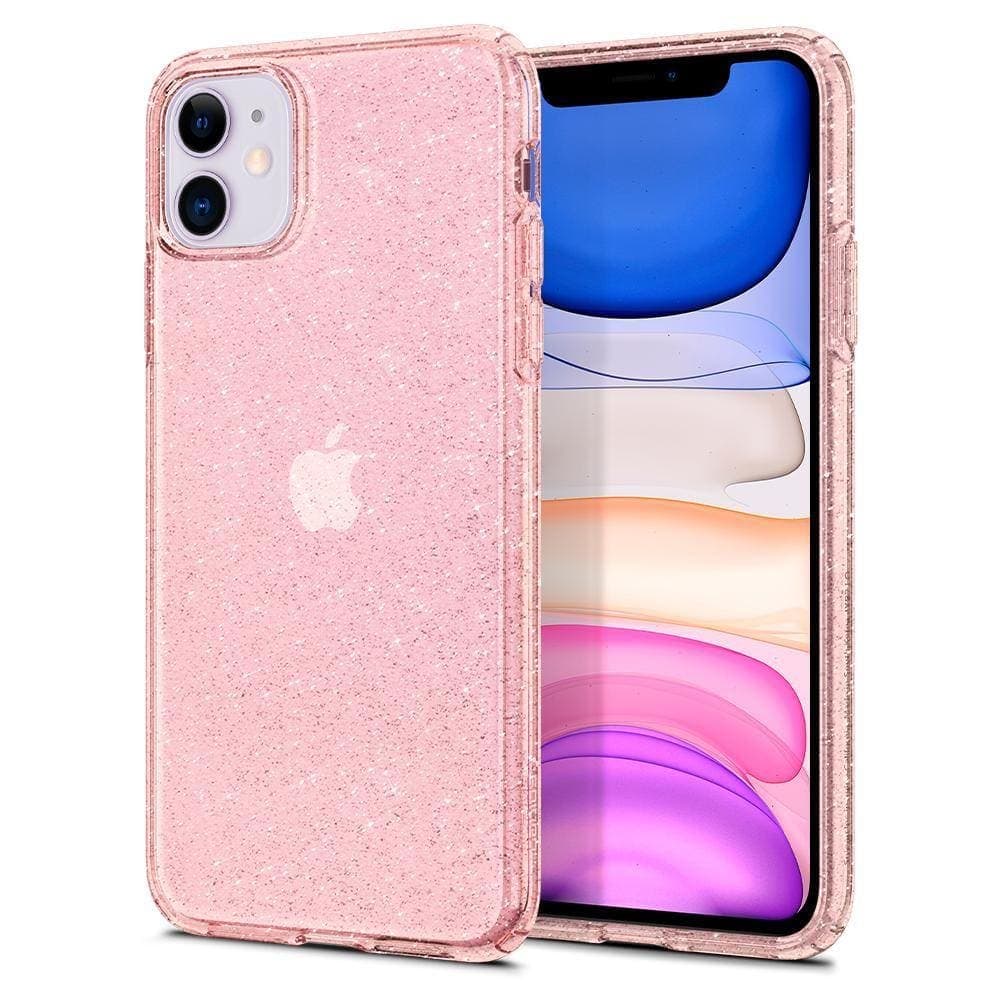 Etui do iPhone 12 z brokatem, różowe, hybrydowy szklany tył Liquid Crystal, przeźroczyste
