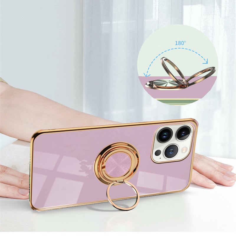 Etui do iPhone 13 Pro Max eleganckie, ze złotym, metalowym uchwytem i zdobieniami, fioletowy