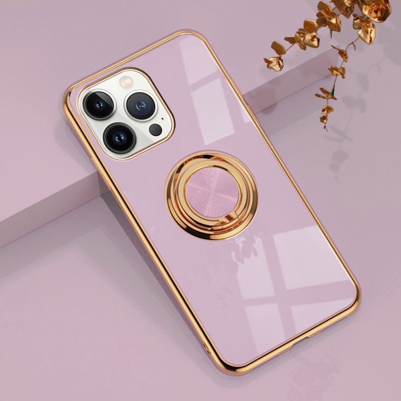 Etui do iPhone 13 Pro Max eleganckie, ze złotym, metalowym uchwytem i zdobieniami, fioletowy