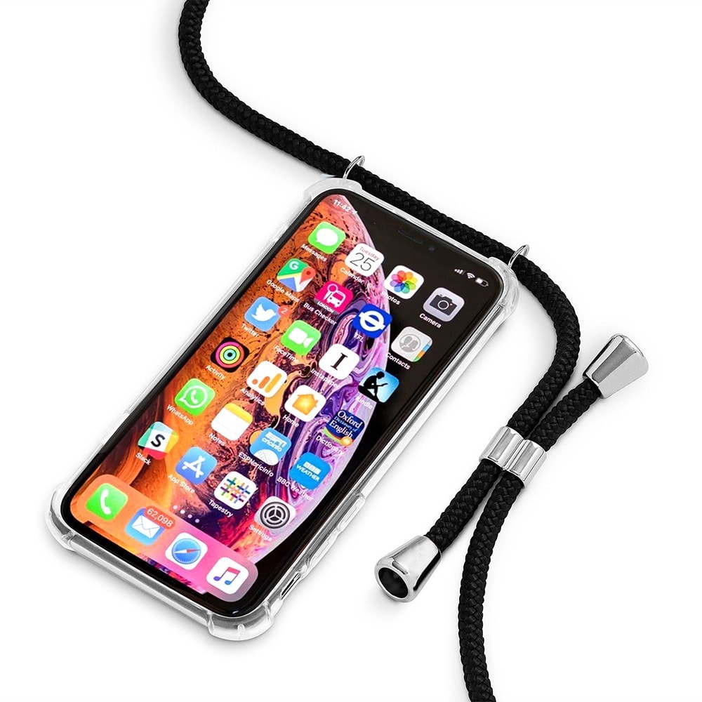 Etui do iPhone SE2022/SE2020/8/7 wzmacniane crossbody z czarną smyczą jak torebka, przeźroczyste