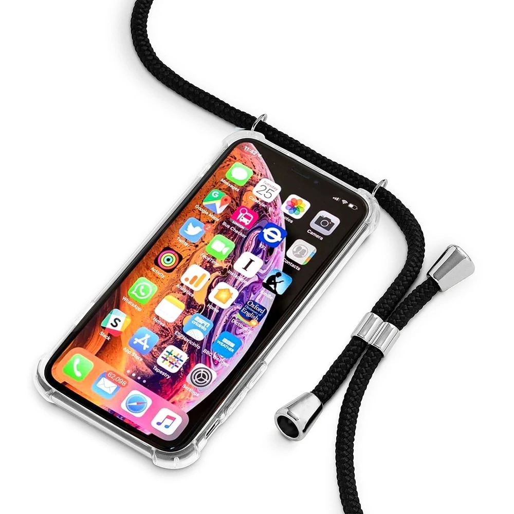 Etui do iPhone X/XS jak torebka crossbody z czarną smyczą, przeźroczyste