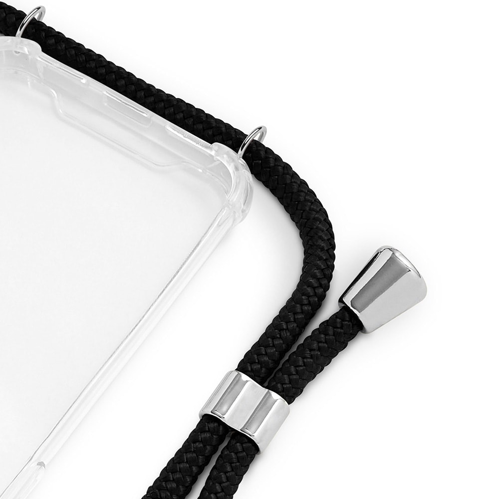 Etui do iPhone SE2022/SE2020/8/7 wzmacniane crossbody z czarną smyczą jak torebka, przeźroczyste