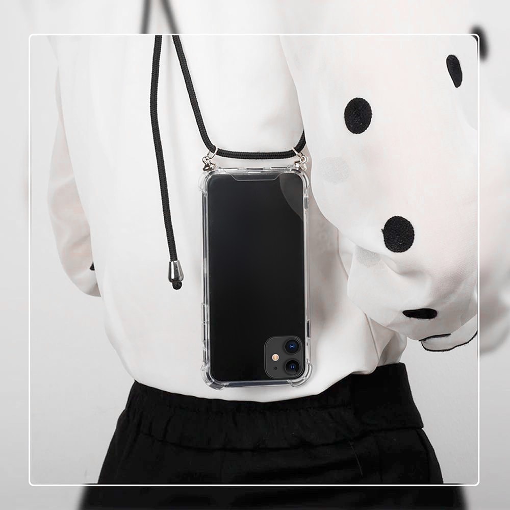 Etui do iPhone 11 wzmacniane crossbody z czarną smyczą jak torebka, przeźroczyste