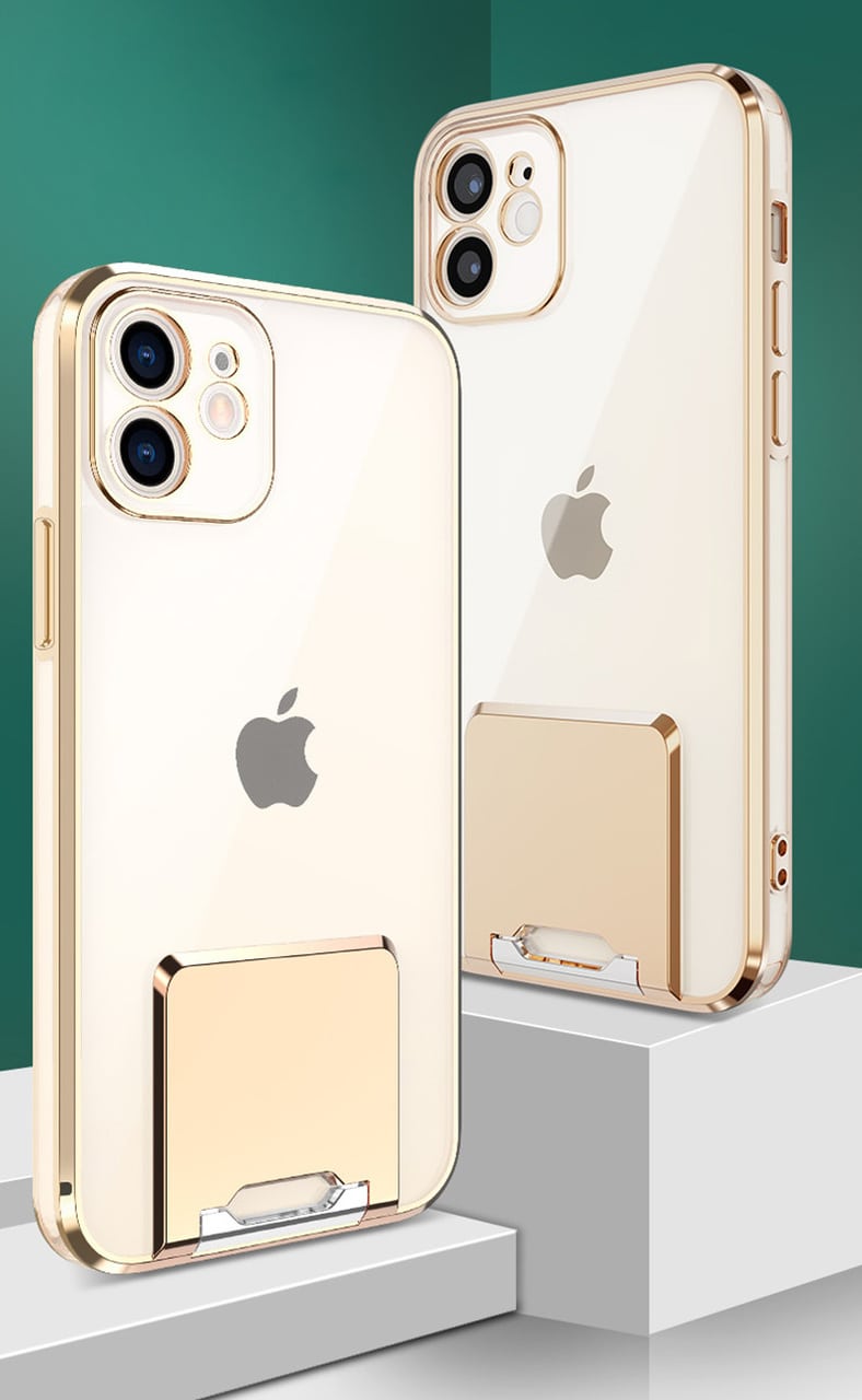 Etui do iPhone 12 Fashion Stand złote z podstawką, ochrona obiektywu (OUTLET)