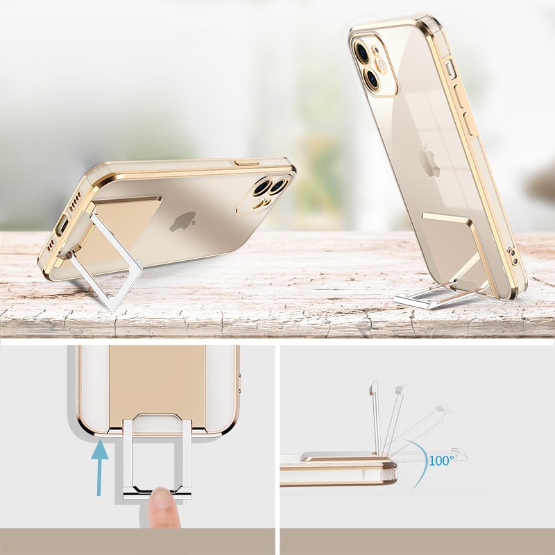 Etui do iPhone 12 Fashion Stand złote z podstawką, ochrona obiektywu (OUTLET)