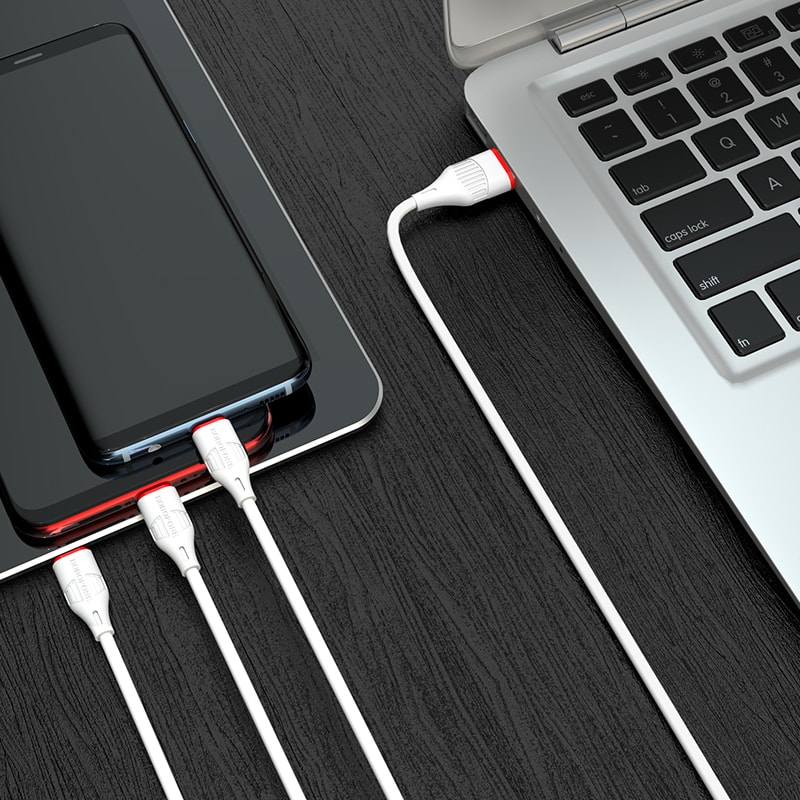 Kabel 3w1 USB – na micro USB, Lightning, USB Typ C, 1 metr, biały