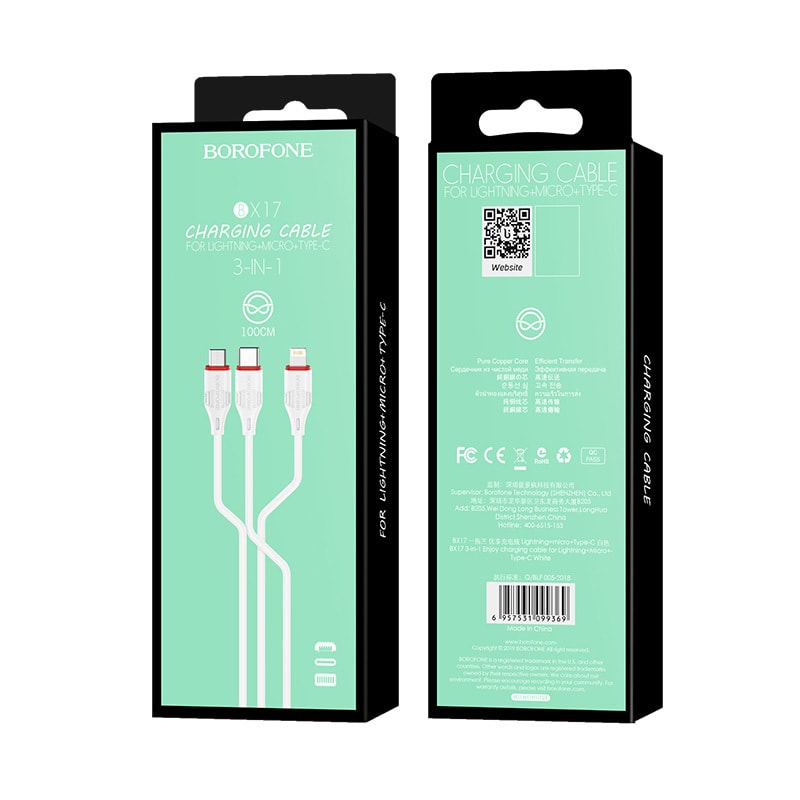 Kabel 3w1 USB – na micro USB, Lightning, USB Typ C, 1 metr, biały