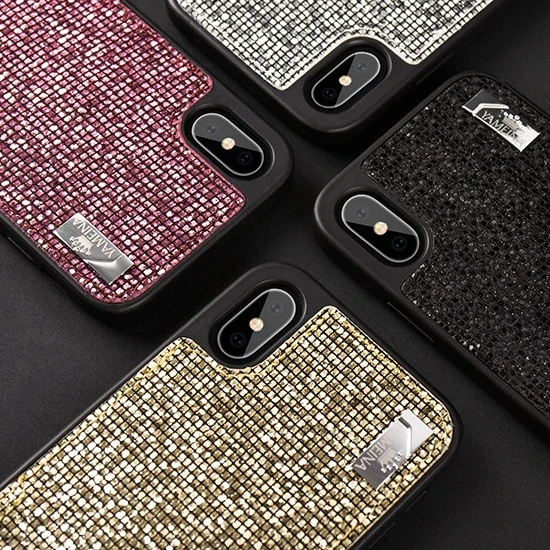 Etui do IPhone X/XS eleganckie błyszczące srebrne torebka z łańcuszkiem