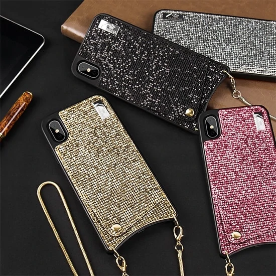 Etui do IPhone X/XS eleganckie błyszczące srebrne torebka z łańcuszkiem
