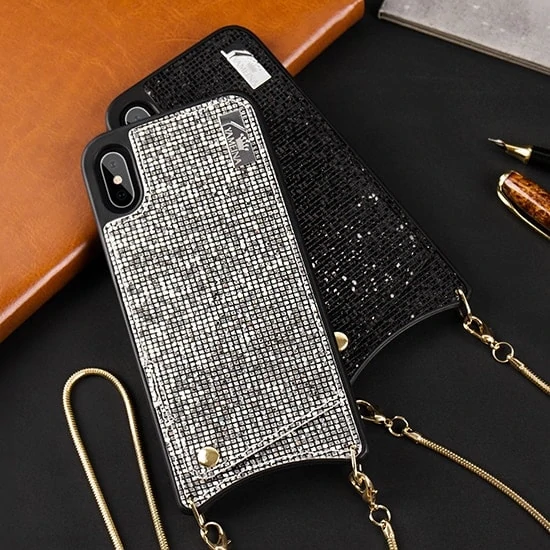 Etui do IPhone X/XS eleganckie błyszczące srebrne torebka z łańcuszkiem