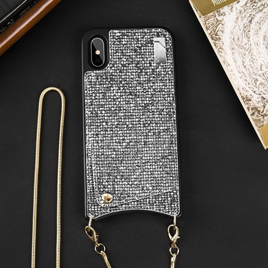 Etui do IPhone X/XS eleganckie błyszczące srebrne torebka z łańcuszkiem