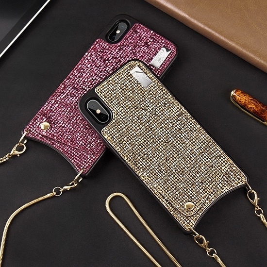 Eleganckie błyszczące etui torebka do iPhone XR – złota