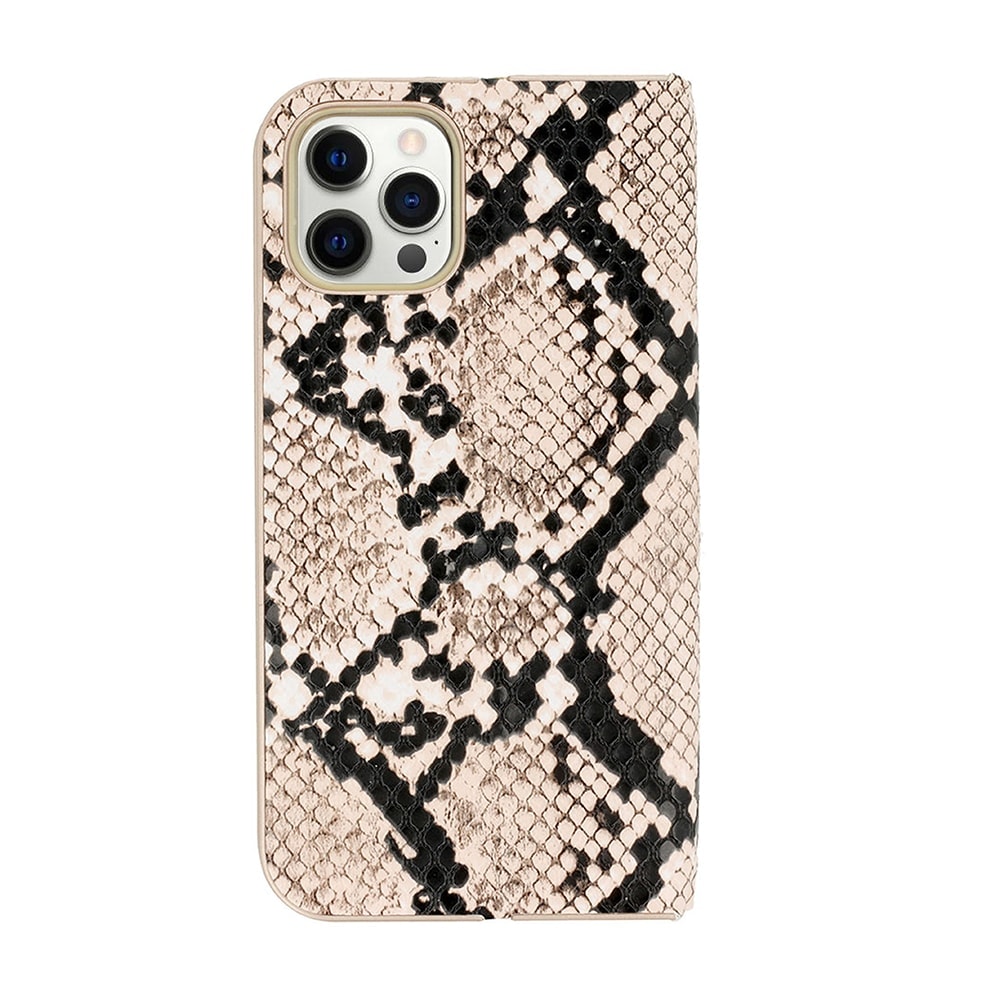 Etui do iPhone 12 Pro zamykane eleganckie, wężowa skóra, beżowo – czarne