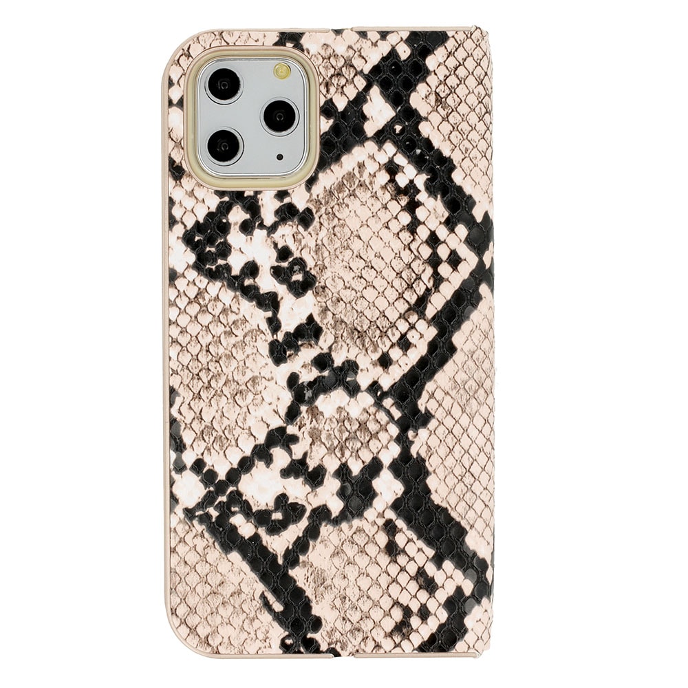 Etui do iPhone 12 zamykane eleganckie, wężowa skóra, beżowo – czarne