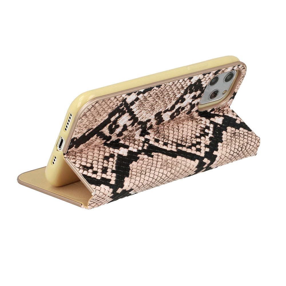 Etui do iPhone 12 Pro zamykane eleganckie, wężowa skóra, beżowo – czarne