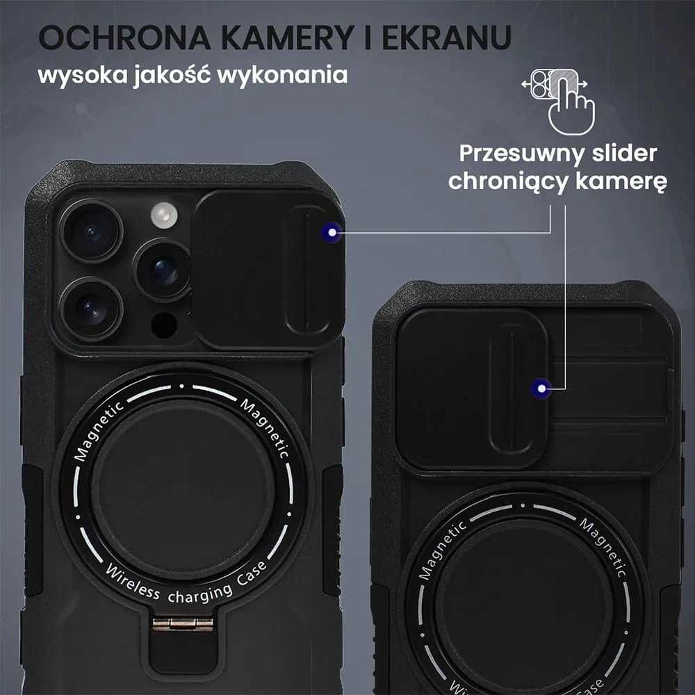 Etui do iPhone 16 Pro MagSafe Slide Camera Stand pancerne, osłona kamery z podstawką, czarne