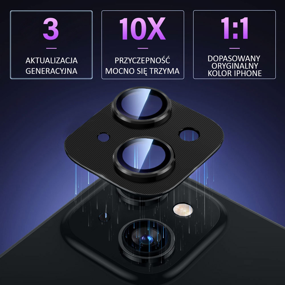 iPhone 14 Plus metalowa osłona na cały aparat, wbudowane szkła 9H, czarna