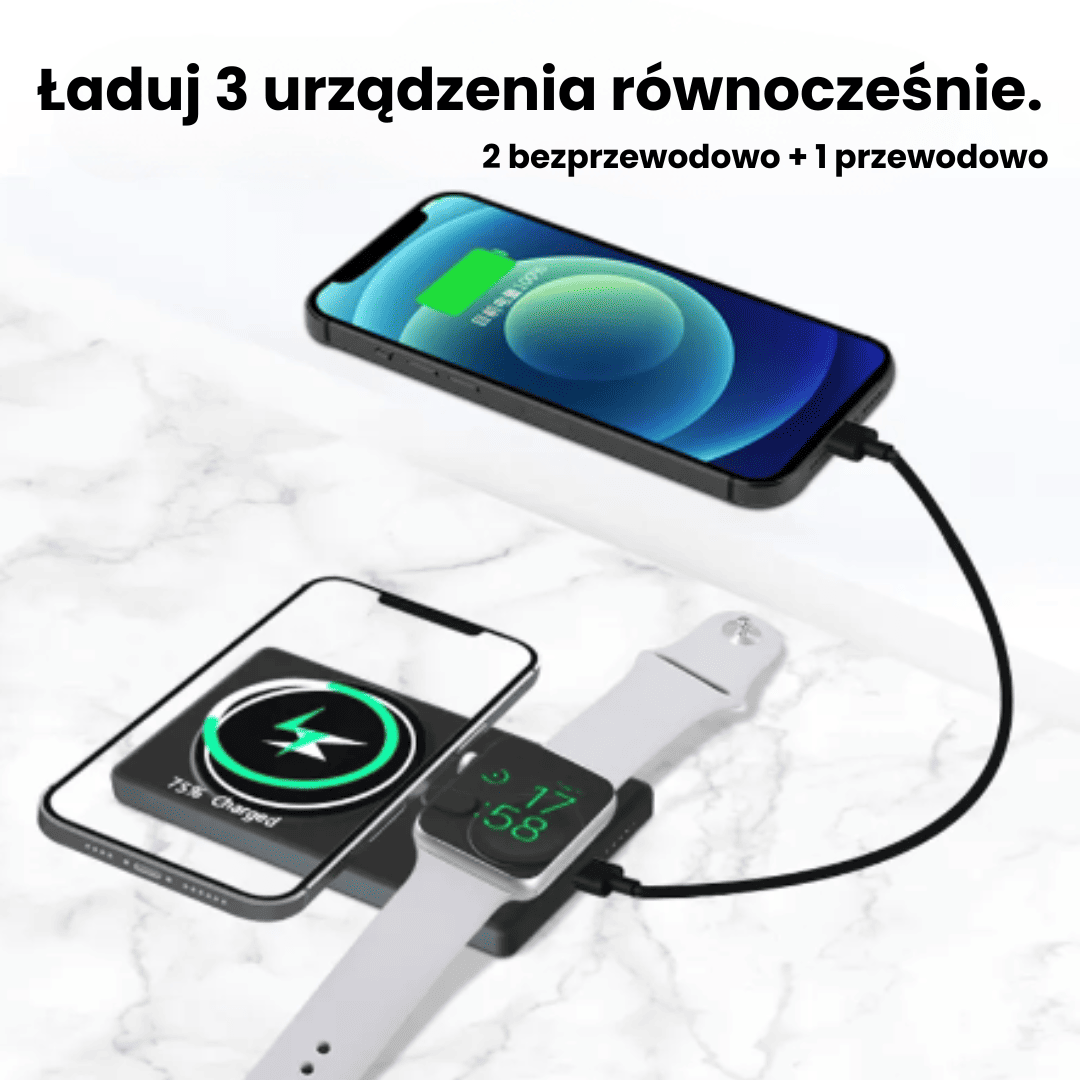 Power bank 5000mAh z ładowaniem bezprzewodowym Magsafe, 15W + ładowanie do Apple Watch, czarny