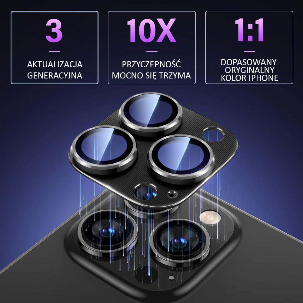 iPhone 14 Pro metalowa osłona na cały aparat, wbudowane szkła 9H, czarna