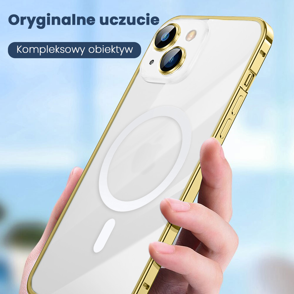 Etui do iPhone 14 MagSafe Metalic Gold Frame Oryginal matowe, ochrona aparatu, złota ramka